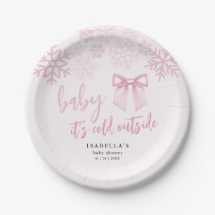 Pink Bow Baby Its Cold Outside Baby Shower Paper Plate