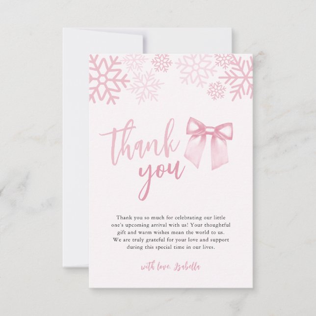 Pink Bow Baby Its Cold Outside Baby Shower Thank You Card (Front)