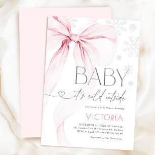 Pink Bow Baby It's Cold Outside Girl Baby Shower Invitation