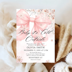 Pink Bow Baby It's Cold Outside Girl Baby Shower Invitation