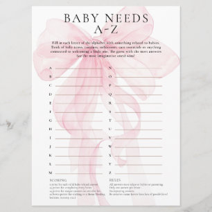 Pink Bow Baby Needs A-Z Game Card Baby Shower