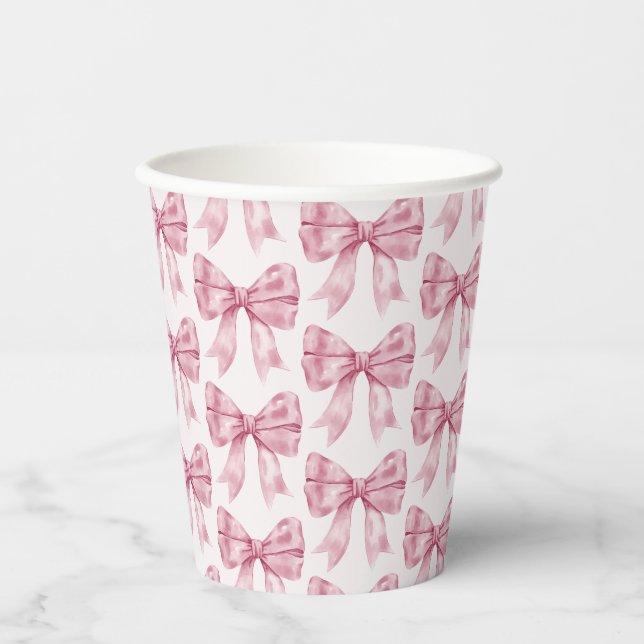 Pink Bow Baby or Bridal Shower, Birthday Party Paper Cups (Front)