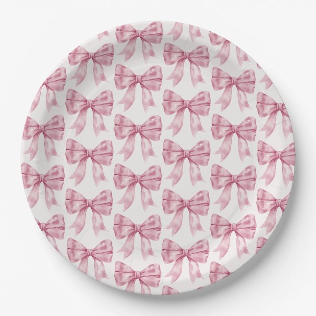 Pink Bow Baby or Bridal Shower, Birthday Party Paper Plate (Front)