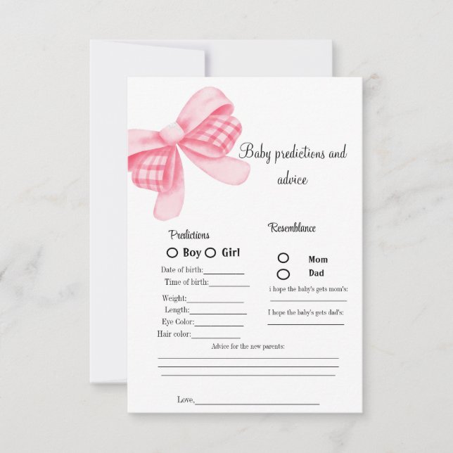 Pink Bow baby prediction Baby Shower game Card (Front)