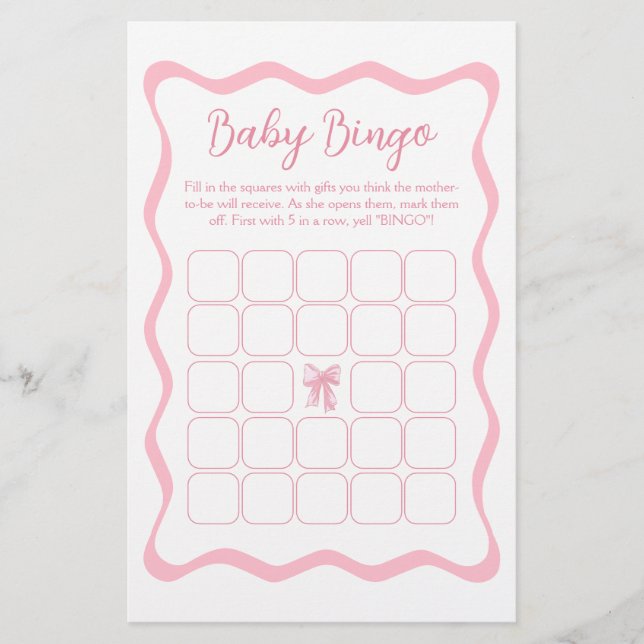 Pink Bow Baby Shower Baby Bingo Game (Front)