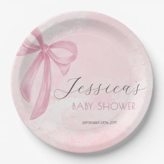 Pink Bow Baby Shower Blush Pink Watercolor Paper Plate