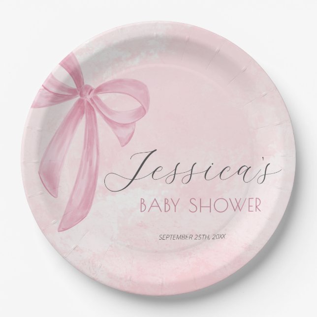 Pink Bow Baby Shower Blush Pink Watercolor Paper Plate (Front)