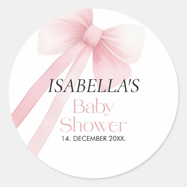 Pink Bow Baby Shower Classic Round Sticker (Front)