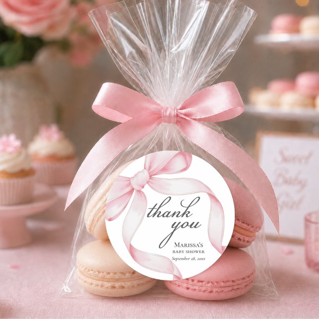 Pink Bow Baby Shower Classic Round Sticker (elegant pink coquette bow baby shower thank you sticker for party favors and gifts with custom name)