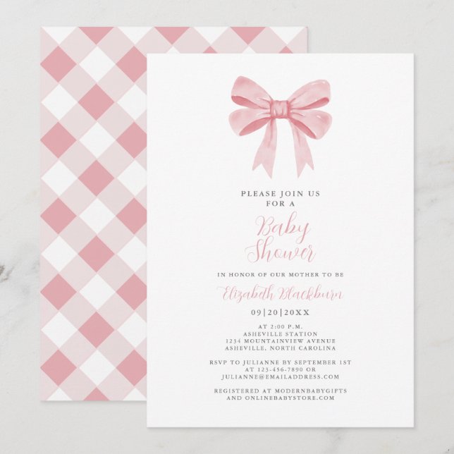 Pink Bow Baby Shower Coquette Girl Elegant Gingham Invitation (Front/Back)
