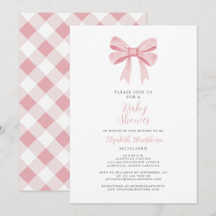 Pink Bow Baby Shower Coquette Girl Elegant Gingham Invitation