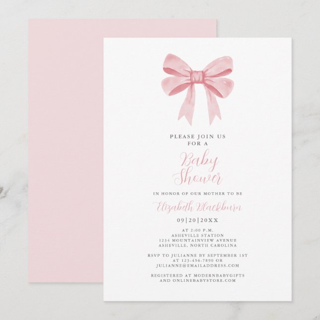 Pink Bow Baby Shower Coquette Girly Elegant Pastel Invitation (Front/Back)