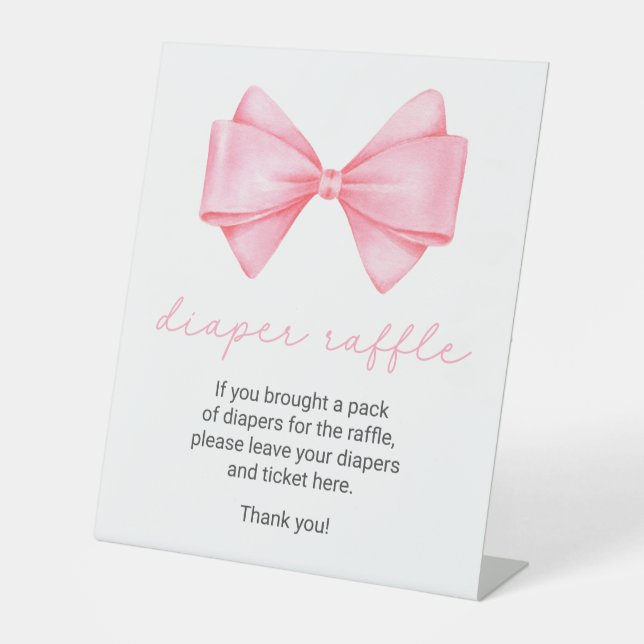 Pink Bow Baby Shower Diaper Raffle Pedestal Sign (Front)