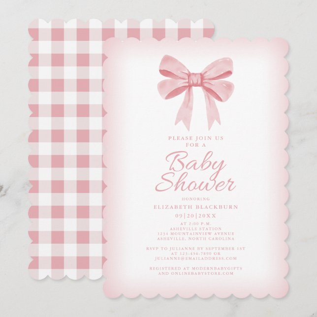 Pink Bow Baby Shower Elegant Girly Gingham Check Invitation (Front/Back)