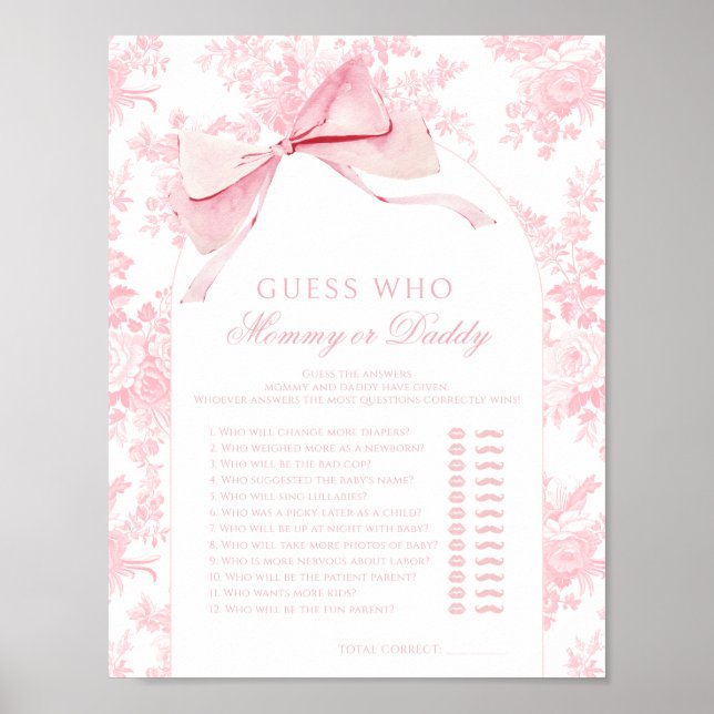 Pink Bow Baby Shower Game Guess Who Mummy Daddy Poster (Front)