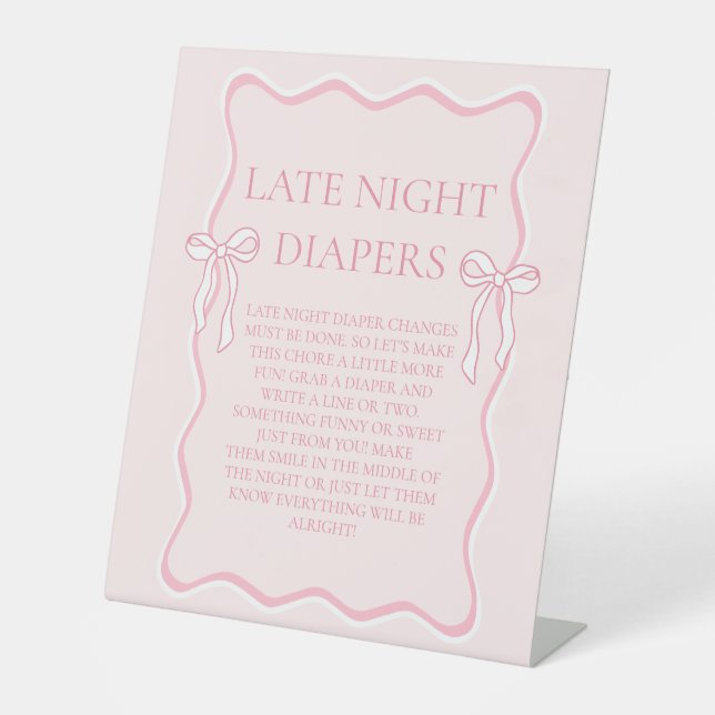 Pink Bow Baby Shower Game Late Night Diapers Pedestal Sign (Front)