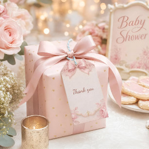 Pink Bow Baby Shower Gift Tag Coquette Floral Th