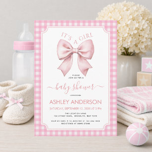 Pink Bow Baby Shower Gingham Plaid It's a Girl  Invitation