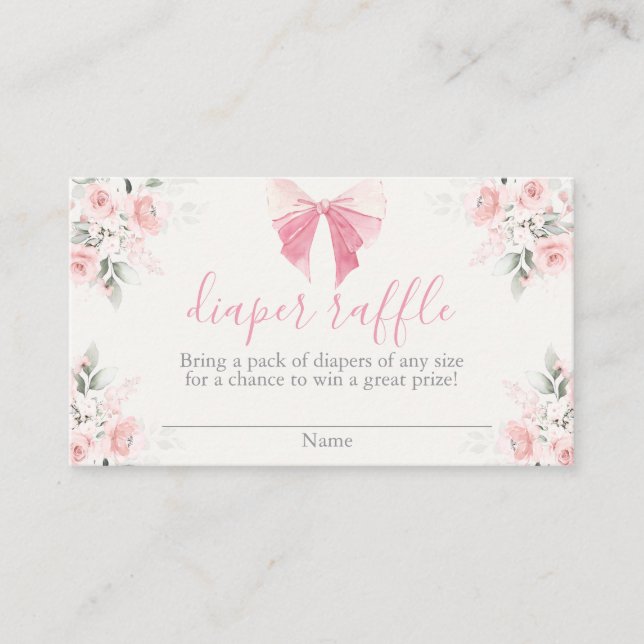 Pink Bow Baby Shower Girl Diaper Raffle Card (Front)