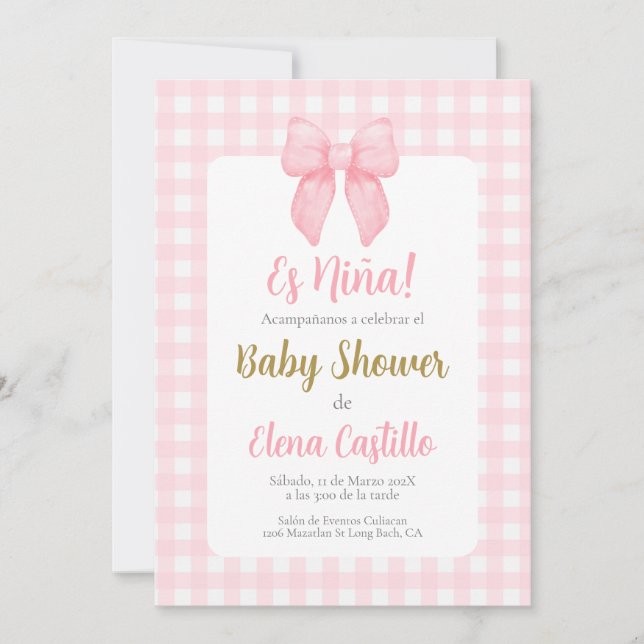 Pink Bow Baby Shower Girl in Spanish invitation (Front)