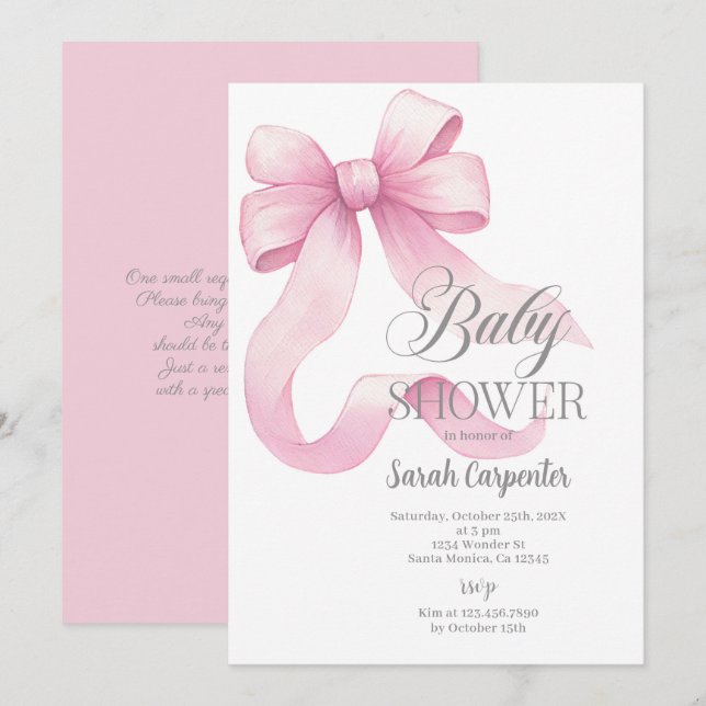 Pink Bow Baby Shower Girl Invitation (Front/Back)