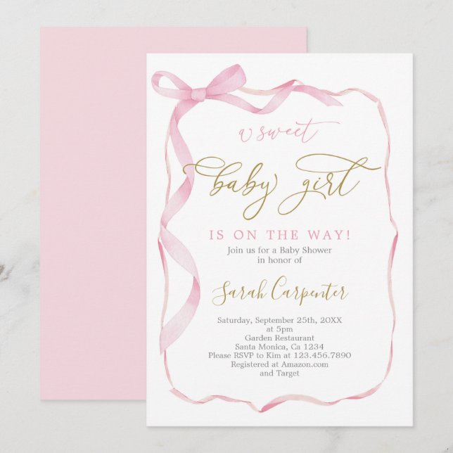 Pink Bow Baby Shower Girl Invitation (Front/Back)