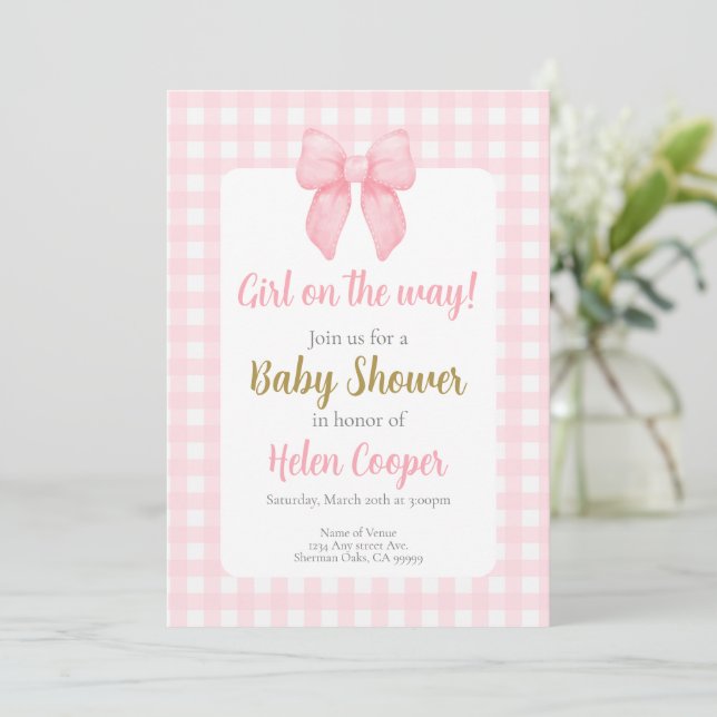 Pink Bow Baby Shower Girl Invitation (Standing Front)