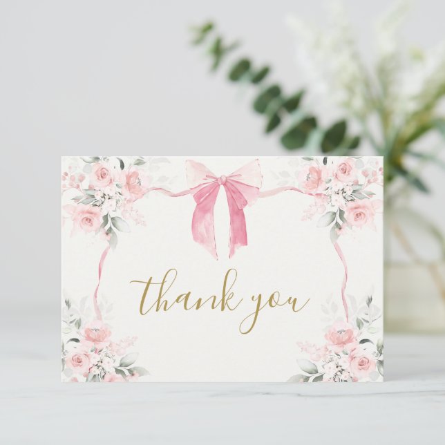 Pink Bow Baby Shower Girl Thank You Card (Standing Front)