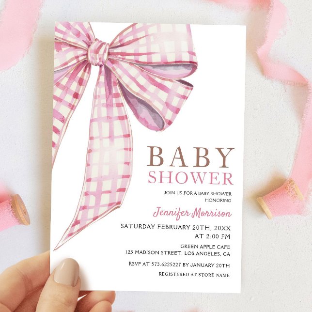 Pink Bow Baby Shower Girl Watercolor Invitation (Creator Uploaded)