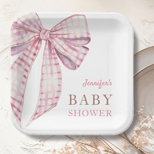 Pink Bow Baby Shower Girl Watercolor Paper Plate (Creator Uploaded)