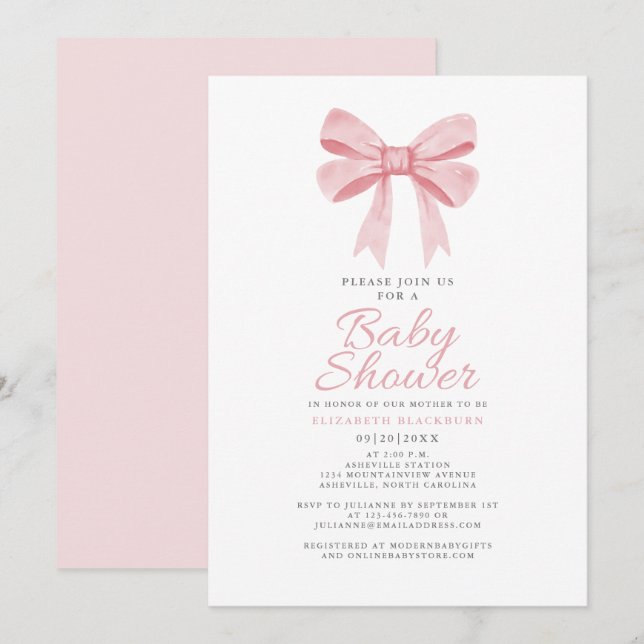 Pink Bow Baby Shower Girly Coquette Elegant Pastel Invitation (Front/Back)