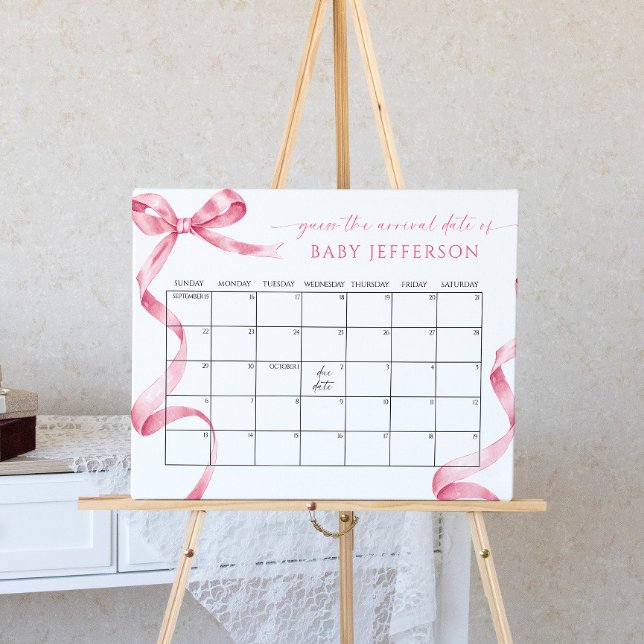 Pink Bow Baby Shower Guess Due Date Calendar Poster (Creator Uploaded)