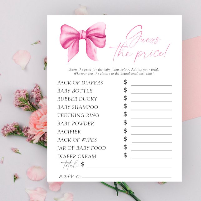 Pink bow baby shower - Guess the price Game (Creator Uploaded)