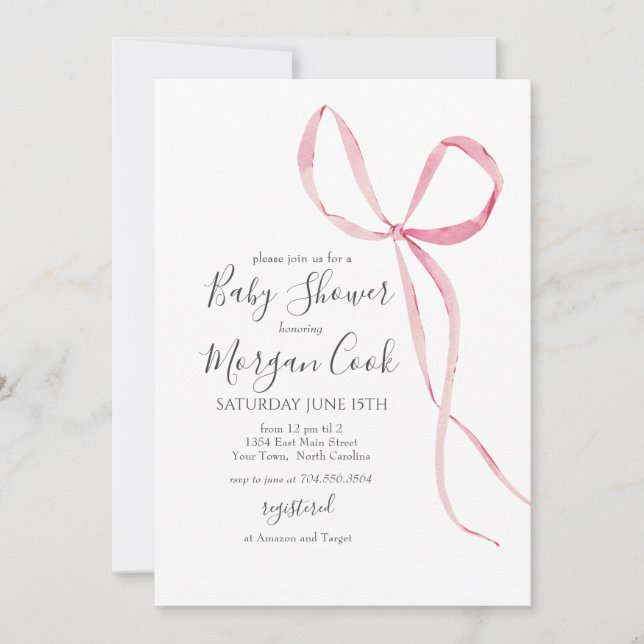 Pink bow baby shower invitation, baby girl shower invitation (Front)