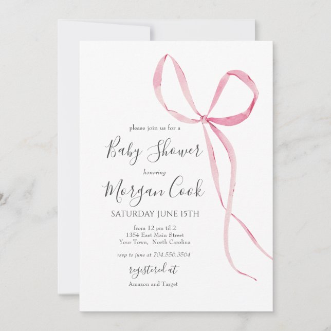 Pink bow baby shower invitation, baby girl shower invitation (Front)
