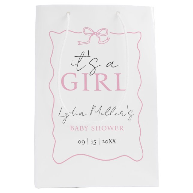 Pink Bow Baby Shower Invitation, Girl Baby Shower Medium Gift Bag (Front)