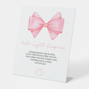 Pink Bow Baby Shower Late Night Diapers Pedestal Sign
