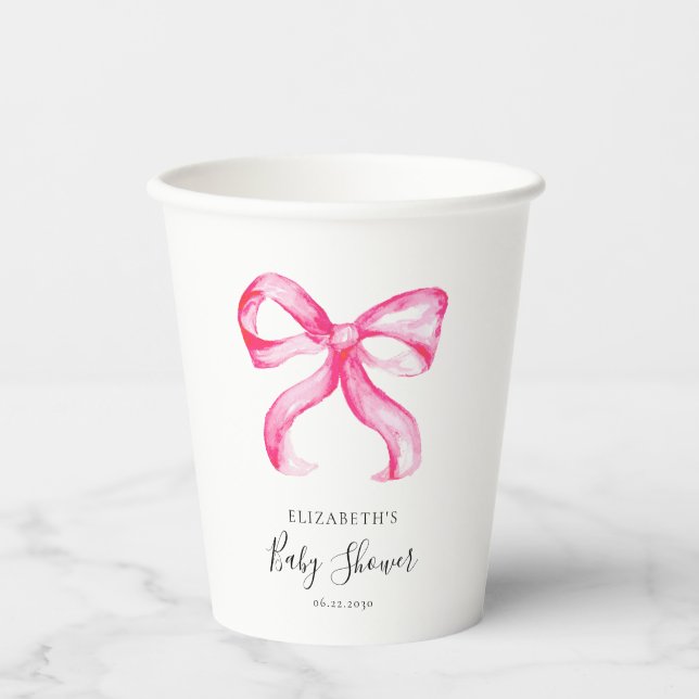 Pink Bow Baby Shower Minimal Elegant Coquette  Paper Cups (Front)