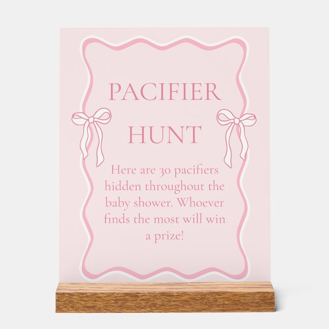 Pink Bow Baby Shower Pacifier Hunt Game Acrylic Sign (Creator Uploaded)