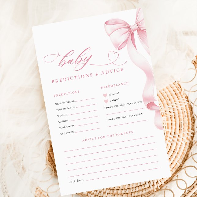 Pink Bow Baby Shower Predictions & Advice Cards (Creator Uploaded)