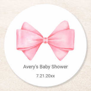 Pink Bow Baby Shower Round Paper Coaster