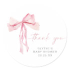 Pink Bow Baby Shower Round Sticker Blush Ribbon