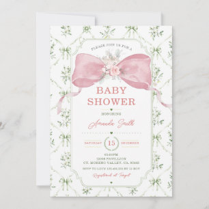 Pink Bow Baby Shower Sage Green Chinoiserie Floral Invitation