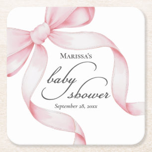 Pink Bow Baby Shower Square Paper Coaster