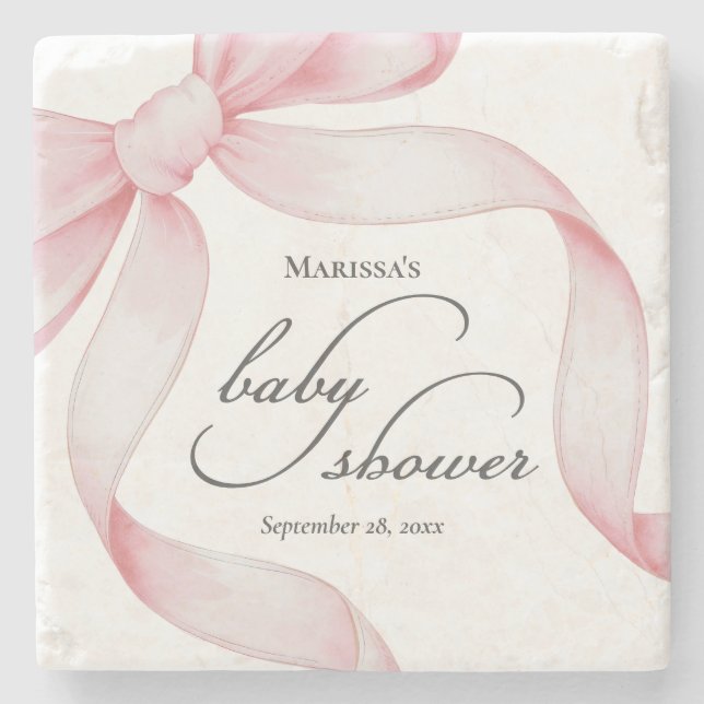 Pink Bow Baby Shower Stone Coaster (Front)