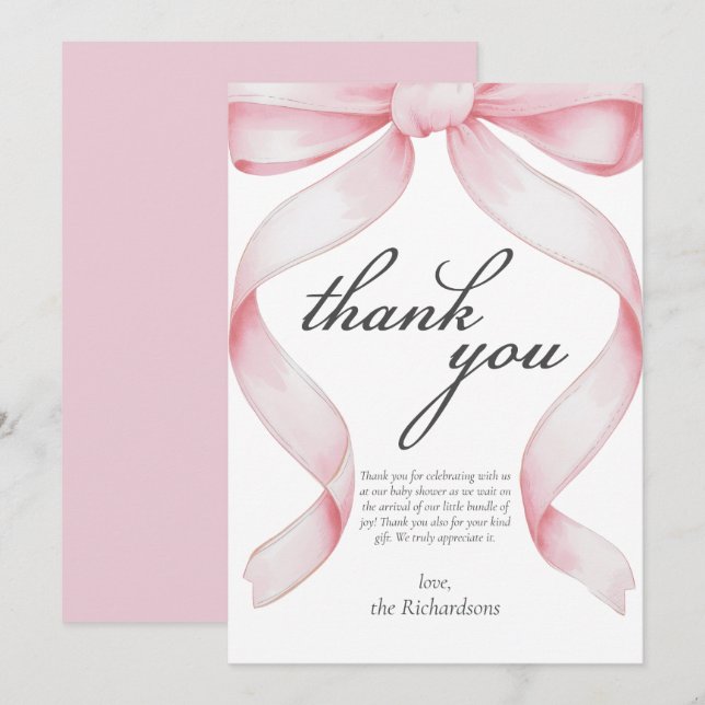 Pink Bow Baby Shower Thank You Card (Front/Back)