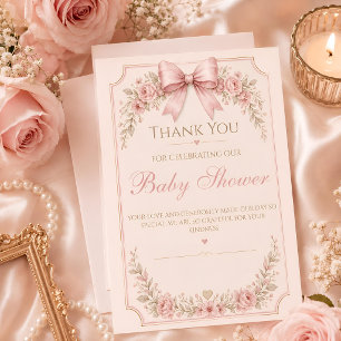 "Pink Bow Baby Shower Thank You Card Floral Vint