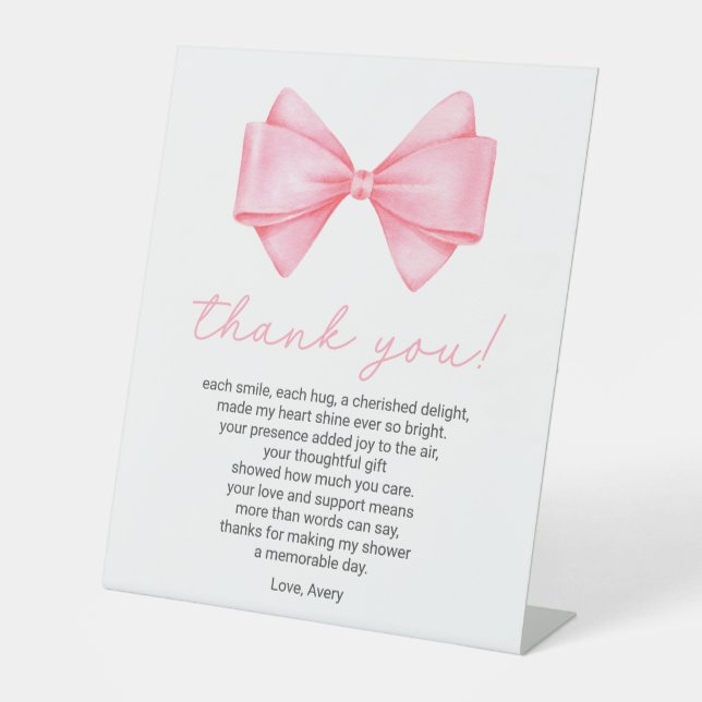 Pink Bow Baby Shower Thank You Poem Pedestal Sign (Front)