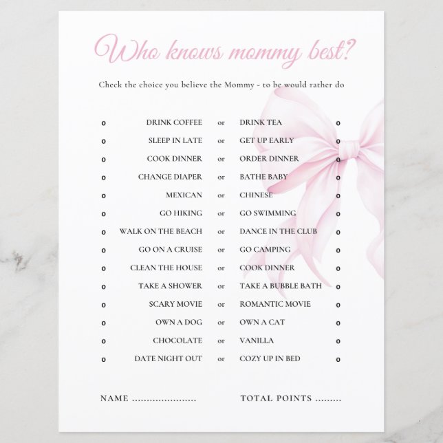 Pink Bow Baby Shower Who Knows Mummy Best Game (Front)