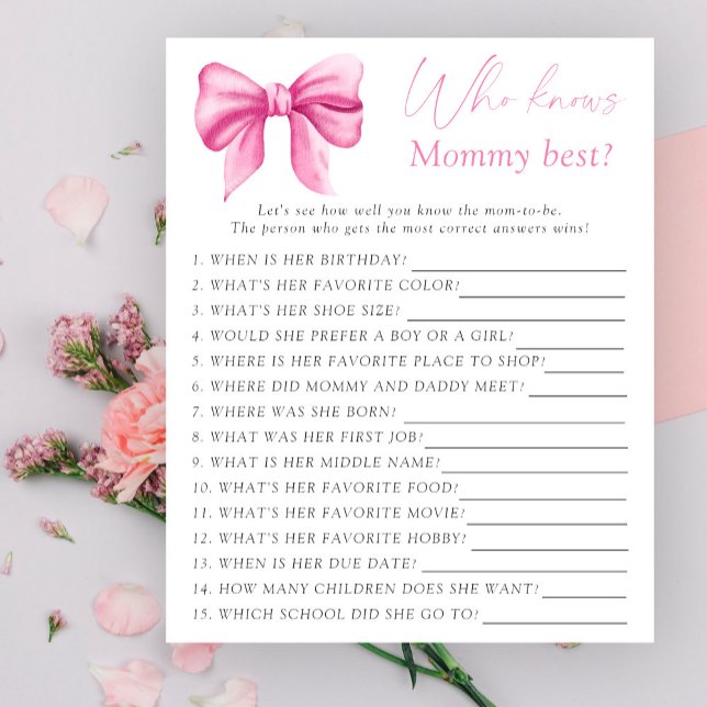 Pink bow baby shower Who knows mummy best game (Creator Uploaded)